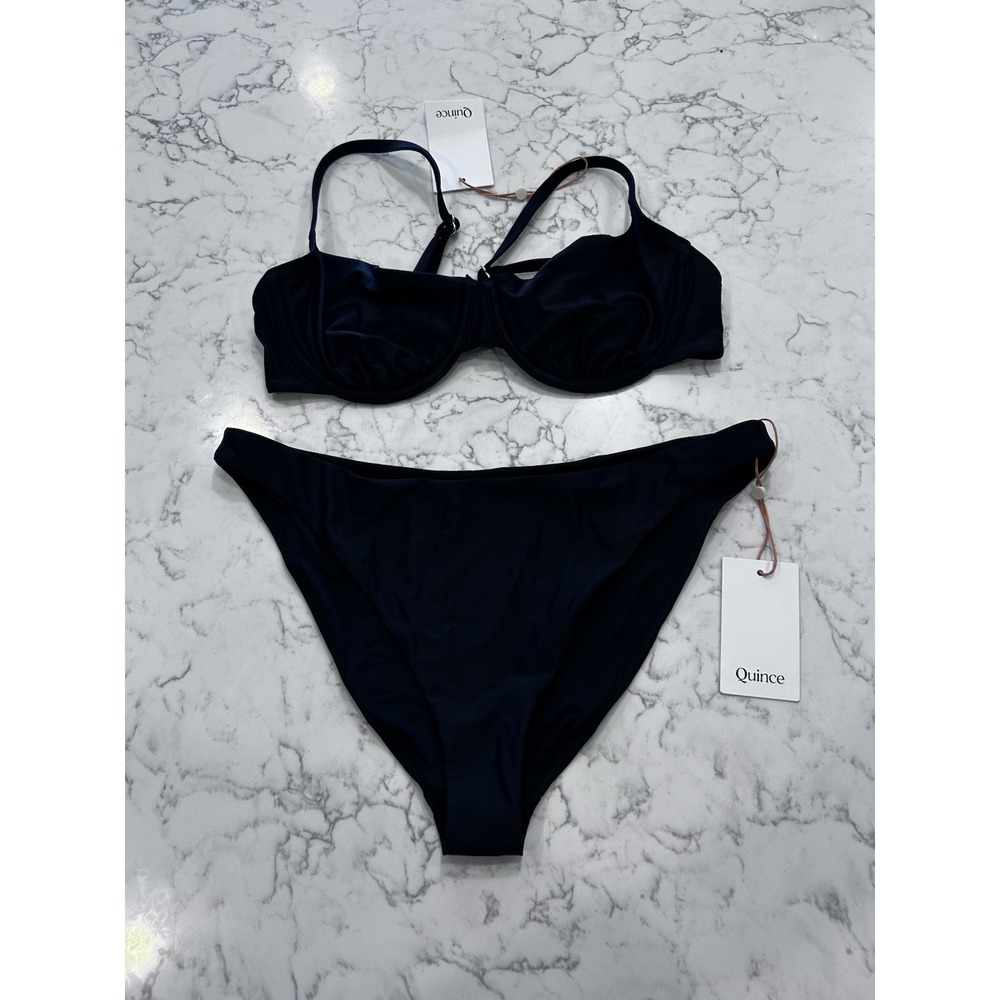 NWT Quince Black Italian Demi Bikini Top & Low Rise Bottom Set Size Large